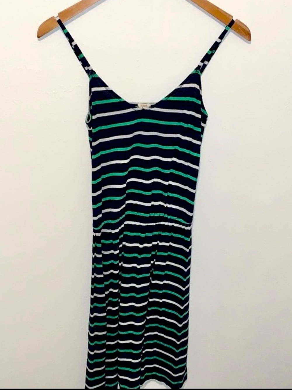 J.Crew Shoreline Cami Mini Dress V Neck Linen Blend Navy Green White Stripes XS